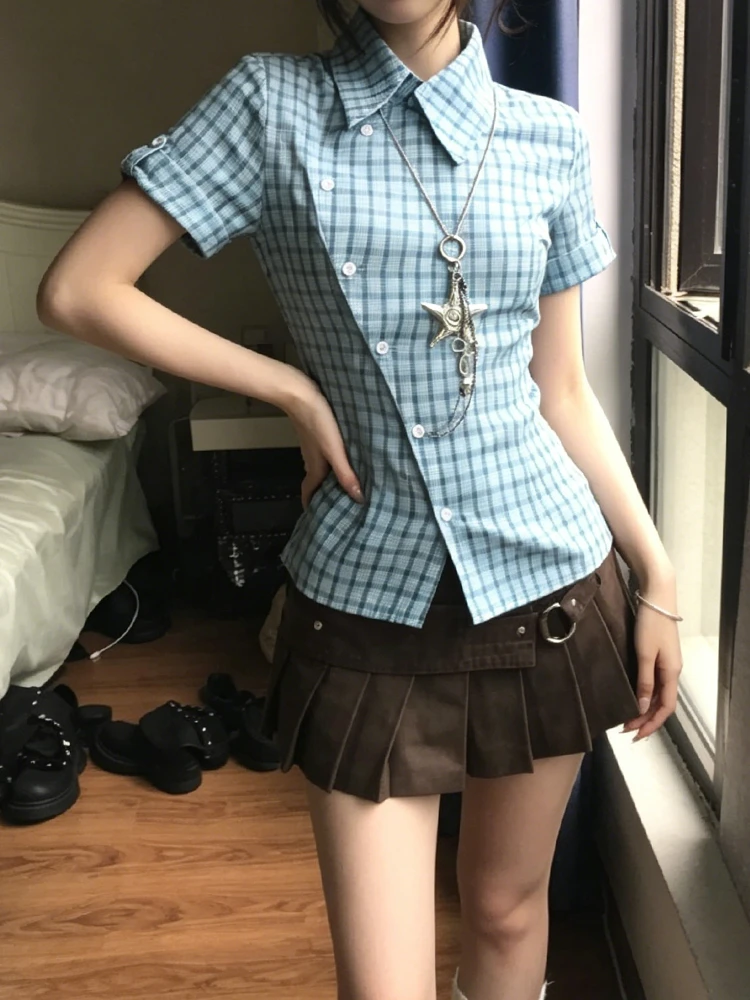 Genayooa Japanisches Y2k-Karohemd für Damen, schmal geschnittene Kurzarmbluse und Hemd, Streetwear, amerikanische Retro-Hemden im unregelmäßigen Vintage-Stil – Detail 7