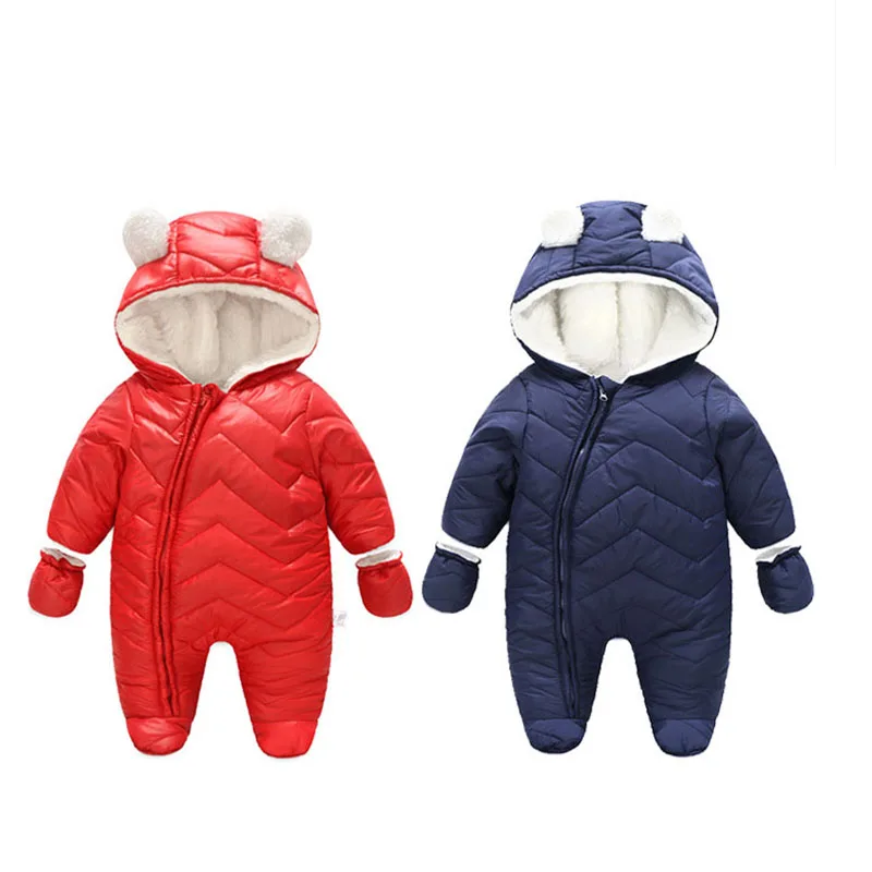 

Newborn Rompers Winter baby clothes thickened plush hooded foot wrapped baby one piece jumpsuit warm cotton