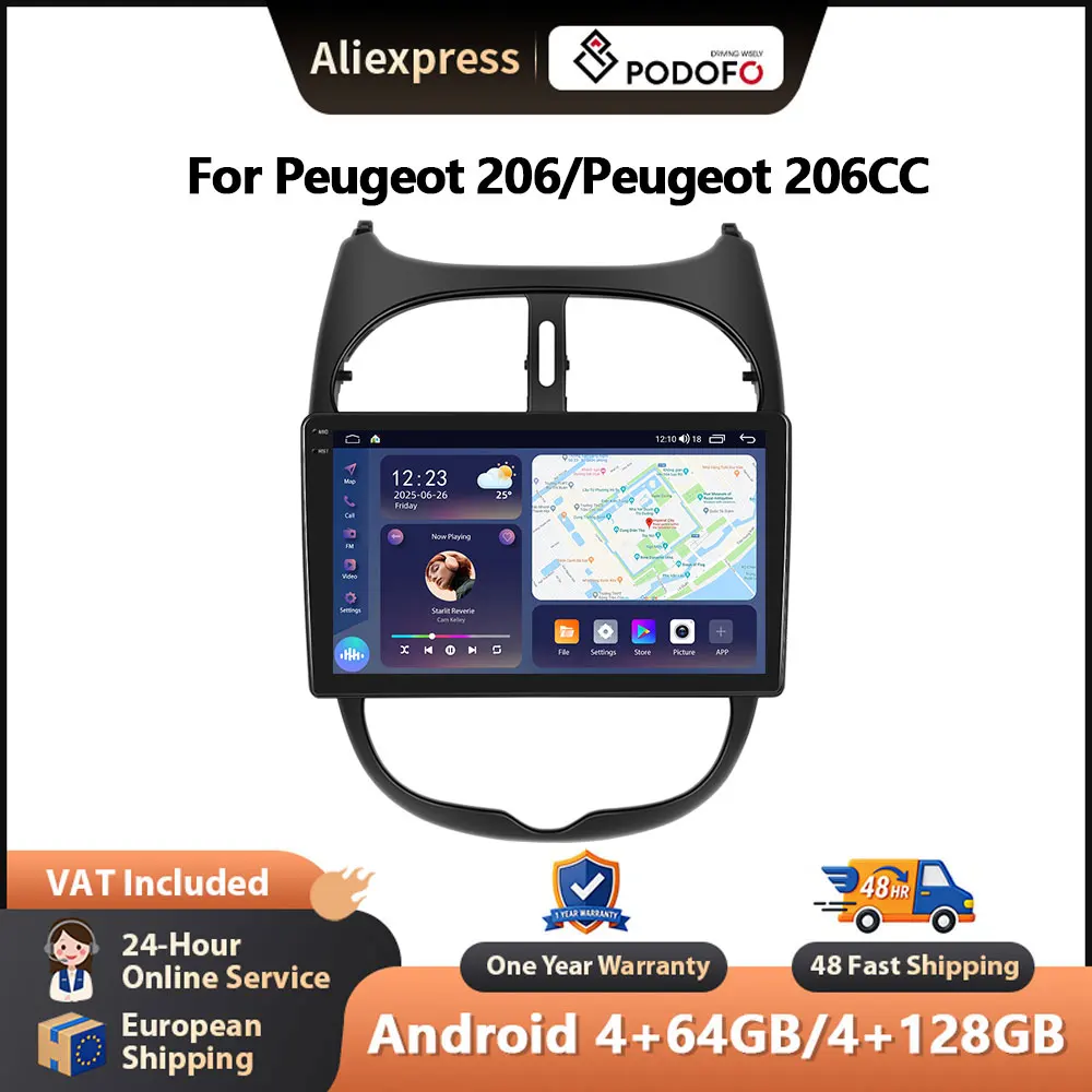 Autoradio Podofo pour Peugeot 206/Peugeot 206CC/Citroën C2 2002-2010, CarPlay sans fil, Android Auto, système multimédia stéréo WIFI GPS