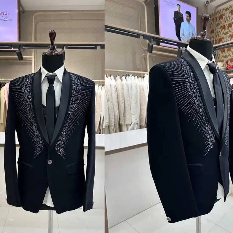 

Luxury Men Suit 2 Pieces Blazer Pants Shawl Lapel Beaded Crystal Groom Wedding Tuxedos Formal Business Party Customized