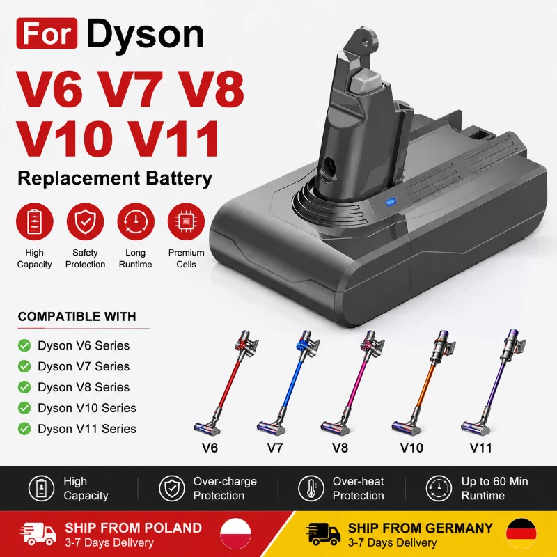 Batterie de remplacement 21,6 V pour Dyson V6 V7 V8, batterie rechargeable haute capacité 100 % NEUVE compatible avec l'aspirateur sans fil Dyson V8 Absolute, autonomie longue durée, expédition rapide depuis l'entrepôt UE