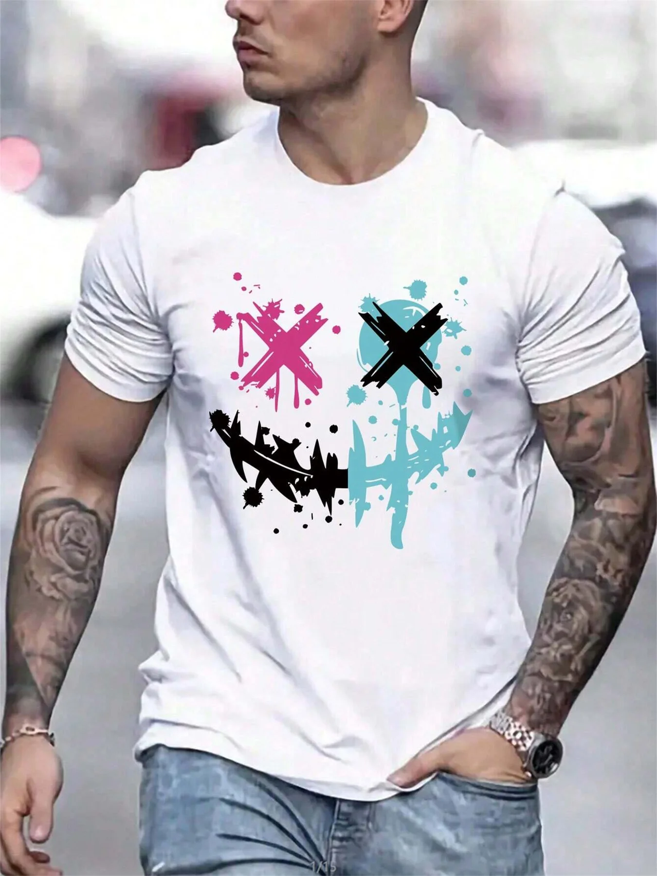 Sommerliches Herren-T-Shirt aus 100 % reiner Baumwolle, lässig, locker geschnitten, mit Smiley-Gesicht-Muster bedruckt, sportlich, bequem, Rundhalsausschnitt, kurzärmelig