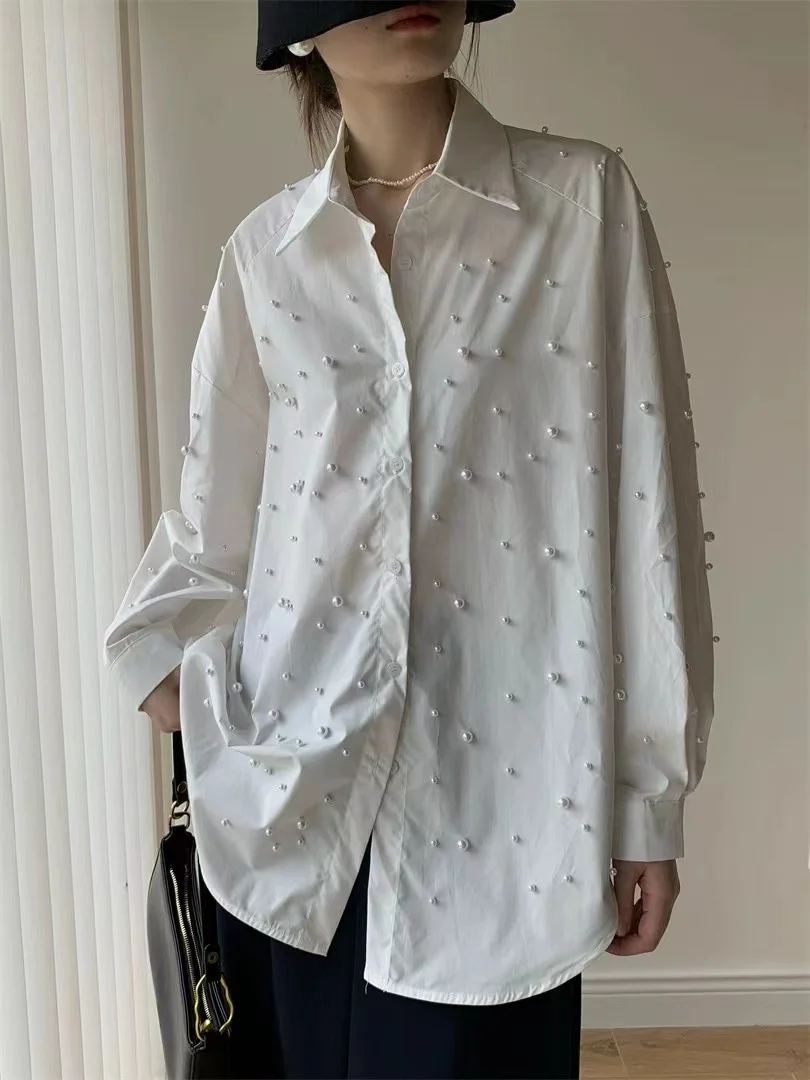 Luxury Heavy Exquisite Beaded Mid-Length Shirts and Blouses For Women 2024 New In Button Up Casual Loose Long Sleeve Top Blusas