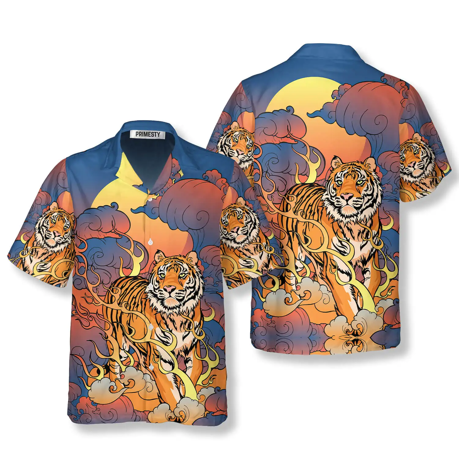 

Tiki popular 3d printing Tiger on Fire Thunder Storm Tiger men Tiger Hawaiian lining Hawaiian shirt men's shirt men's clothing m