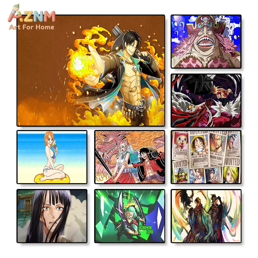 AZNM One Piece Anime Canvas Painting Ace Nami Zoro Robin Big Mom Character Print Unframed Canvas Poster Home Art Decor for Bed