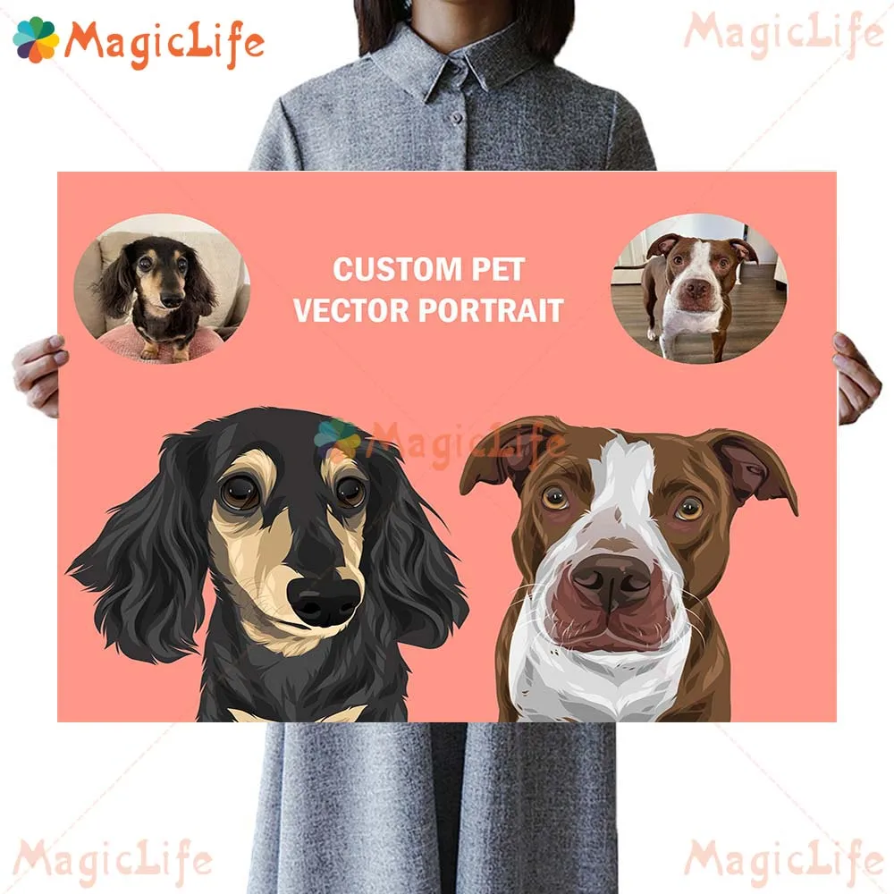 Custom 2 Pets Photo Name Animals Dog Cat Poster Wall Art Canvas Painting Wall Pictures For Living Room Decor Posters Unframed