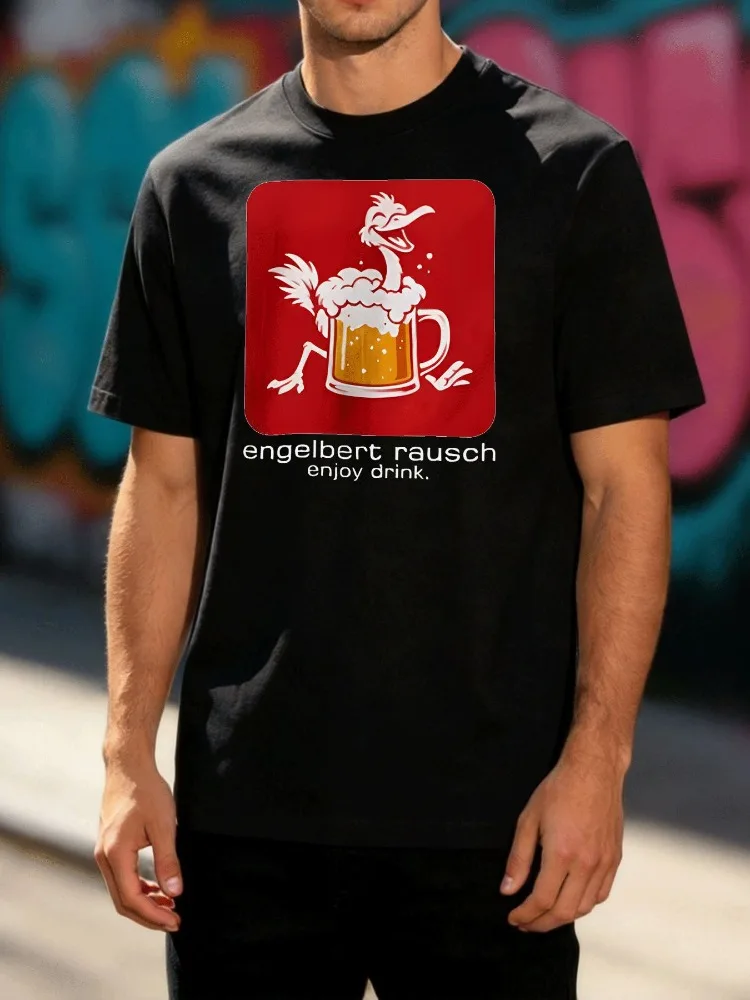Men Crew Neck Tee Ostrich Beer Mug Cartoon Graphic Print Short Sleeve Summer Loose Casual Daily Top For Beer Loving Adult Males