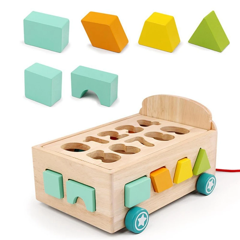 Juguete de coche de arrastre de madera para niños, bloques de construcción de forma geométrica, juguetes a juego, ensamblaje de autobús escolar, juguetes de rompecabezas de educación temprana