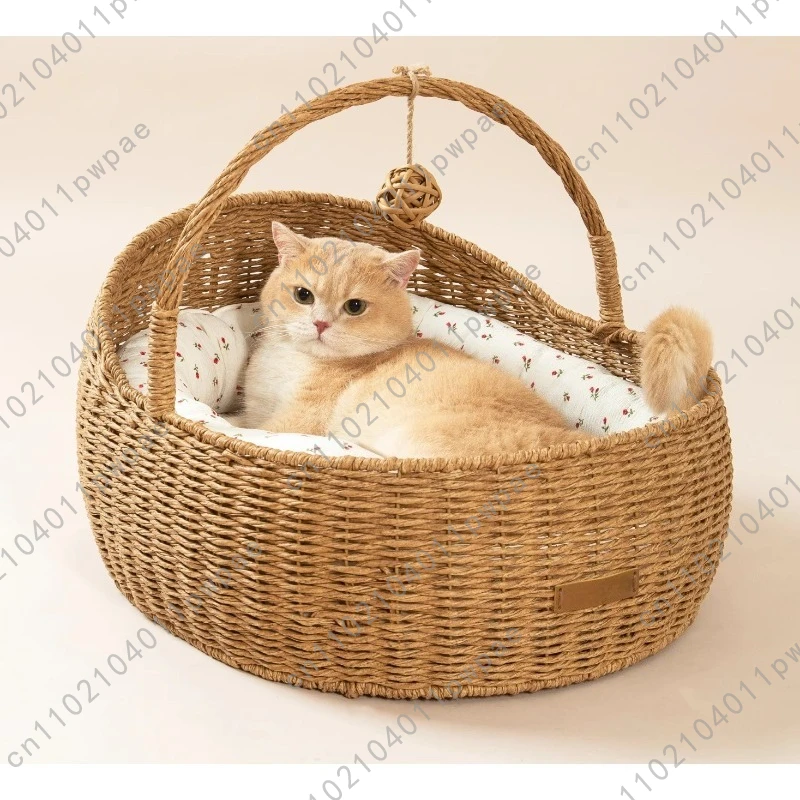 

Cat Bed Winter Thickened All-Season Semi-Enclosed Rattan Woven Basket Cat Bed