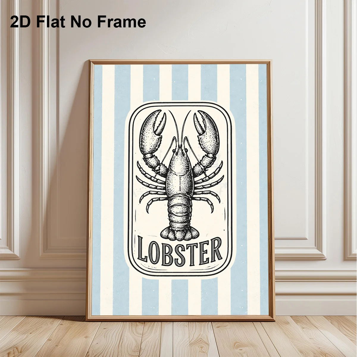 2D Flat, 1pc Frameless Nautical Lobster Wall Art Poster - Modern Blue Striped Seafood Painting Suitable for /, Suitable for L