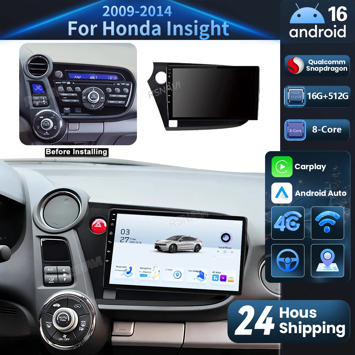 Android 16 Carplay Auto Car Radio Multimedia Player For Honda Insight 2009-2014 Navigation Autoradio Gps Stereo Qualcomm WIFI 4G