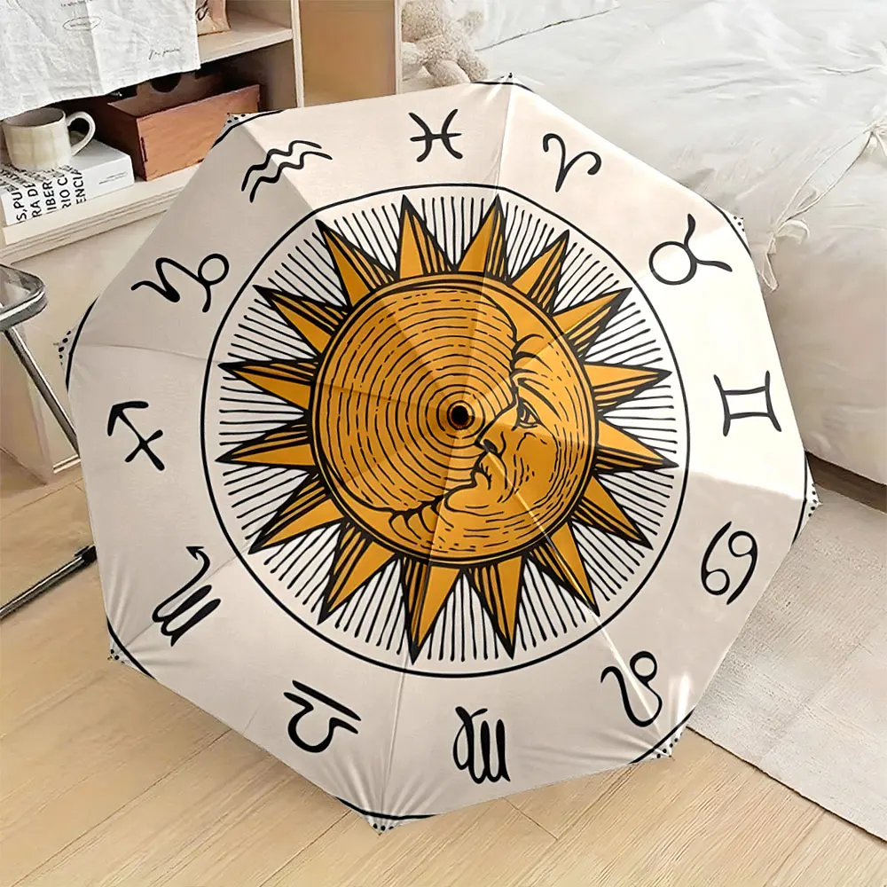 1PC Astrology-Themed Sun Umbrella with Zodiac Signs Design Print 8 Iron Ribs Folding Umbrella Auto-Open Fashion Sunshade