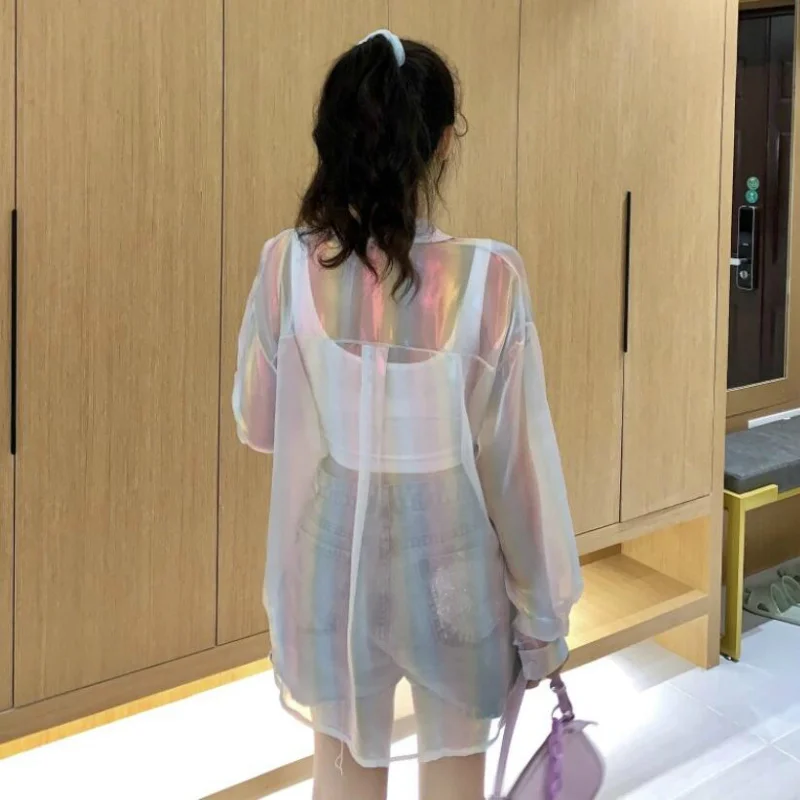 Shirts Women Thin Summer Sun-proof Daily Outerwear Long Sleeve Chic Aesthetic Glitter Ins Harajuku Design Loose Ulzzang Newest