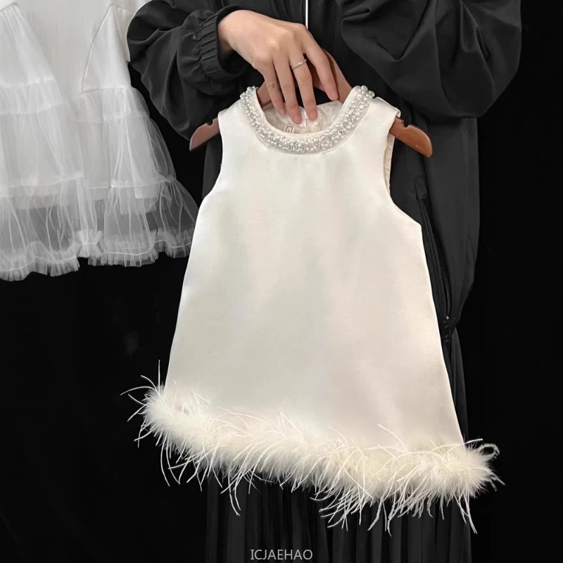 2025 New Girls Satin Feather Princess Dress Clothes Baby Kids Birthday Party Gown Kids Formal Outfit Children Summer Vestido