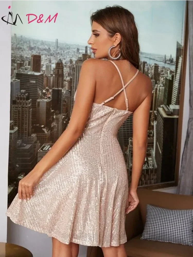 D&M Brand Women's Dress Y2K Sex Backless Ruched Sequin Crisscross Back Cami Party Dress XL Elegant Party Dresses for Women 2024