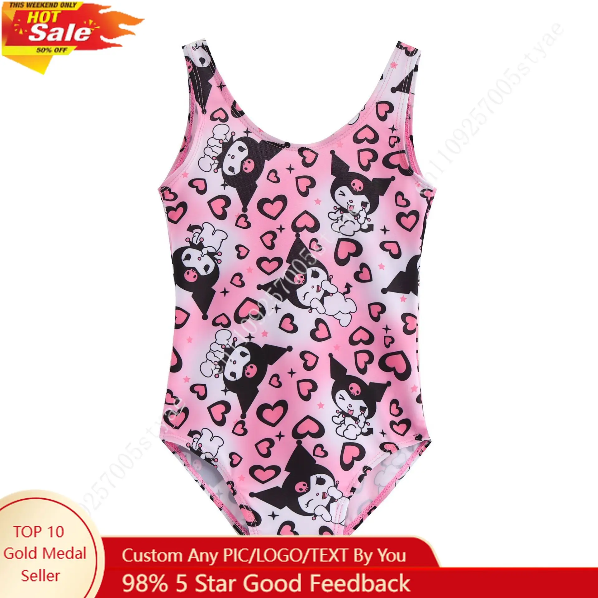 

Kuromi and Heart Print Swimwear Girl Bathing Suit Sanrio One-piece Swimming Suit Stretchy Swimsuit Cute Swimdress for Beach Pool