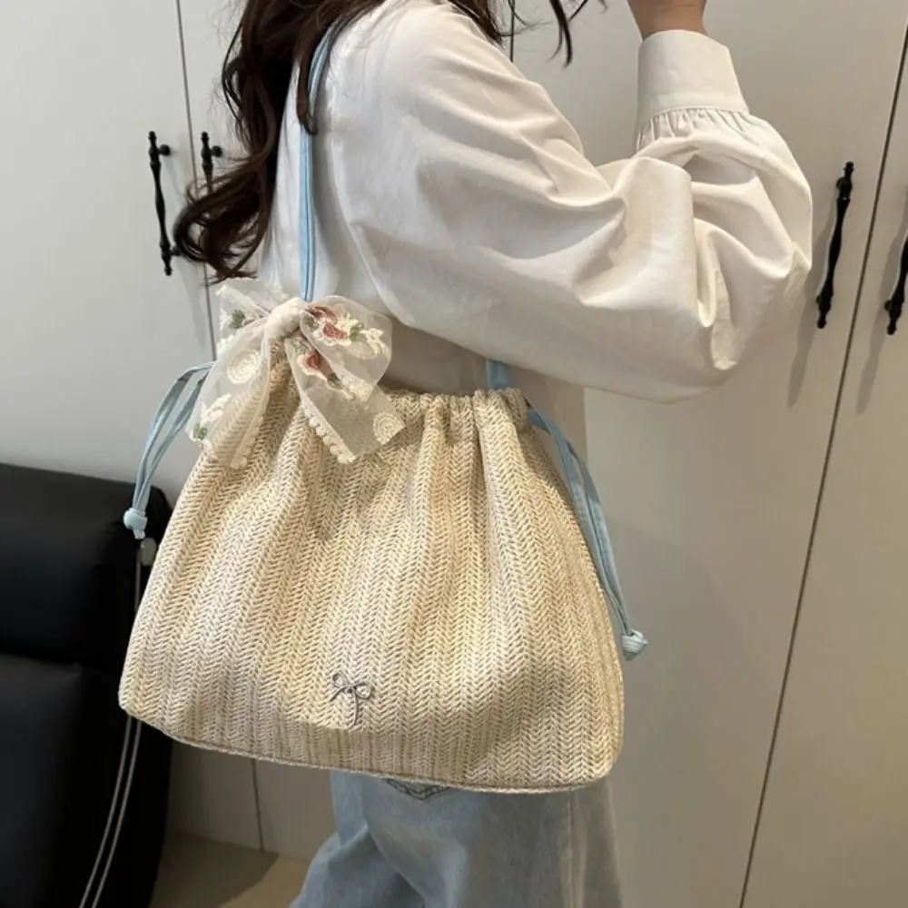 

Casual Elegant Straw Woven Bag Bohemian Style Bow Grass Knitted Tote Bag Commuting Drawstring Beach Shoulder Bag Girls