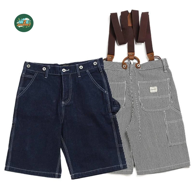 W2EJOURNEY Luxury Quality EU US Size Work Shorts Outdoor Railway Stripe X Y TYPE Overalls Canvas Raw Denim Suspender Shorts
