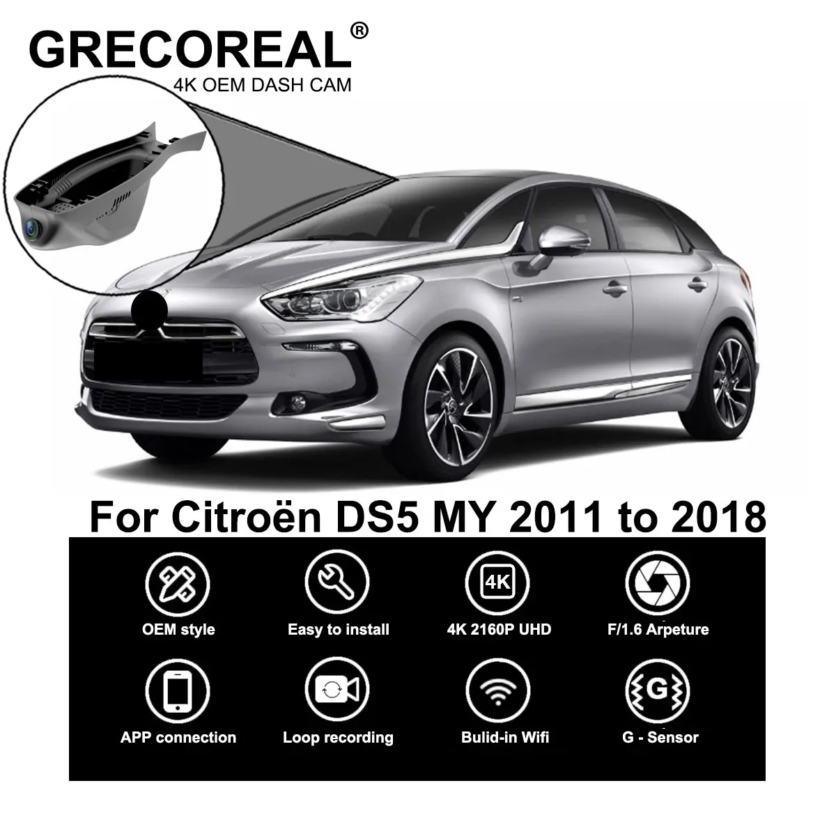 

GRECOREAL 4K Dash Cam Front Rear WiFi Dual Camera Dashcam APP Control Easy Install Plug Play Compatible with Citroen DS5 DS 5