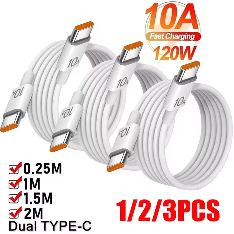 Cable de carga súper rápida tipo C a tipo C, 10A, 120W, transferencia de datos para iPhone, Samsung, Xiaomi, 1/2/3 Uds. ﻿