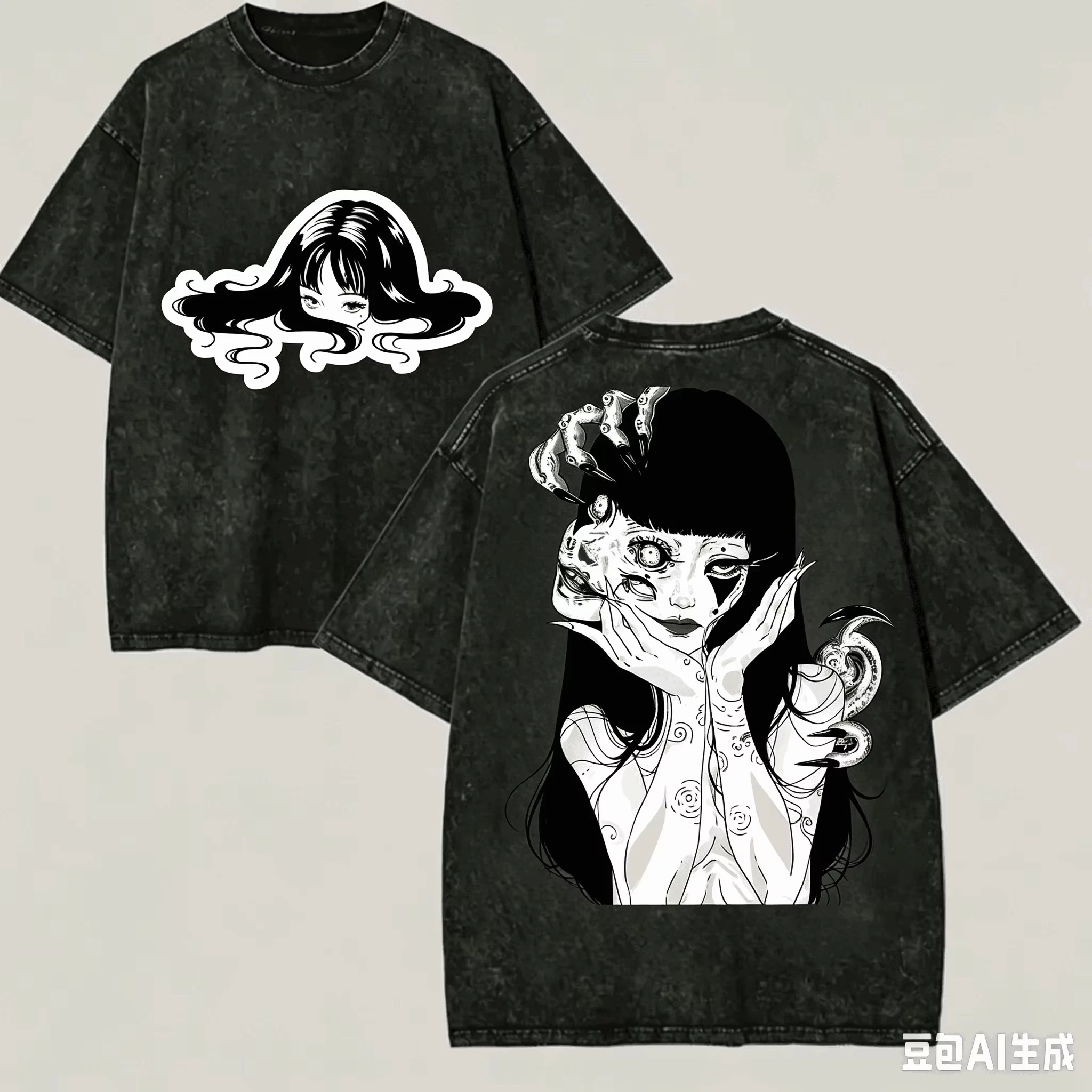 Tomie Junji Ito Graphic T‑Shirt Vintage Washed Horror Manga Front Back Dual Print Oversized Cotton Unisex Gothic Streetwear Tee