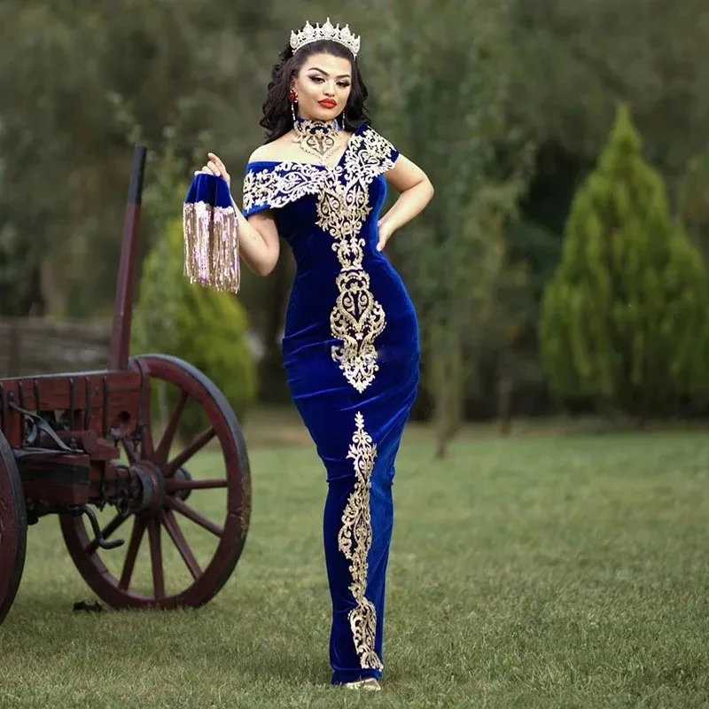 Moroccan Kaftan Caftan Muslim Evening Dresses Gold Lace Appliques Cap Sleeve Royal Blue Mermaid Velvet Arabic Long Prom Gowns image 2