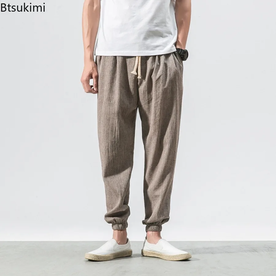 2026 Chinese Style Bloomers Men's Vintage Cotton Linen Pants Solid Loose Casual Drawstring Harem Pants Men Trousers with Pockets