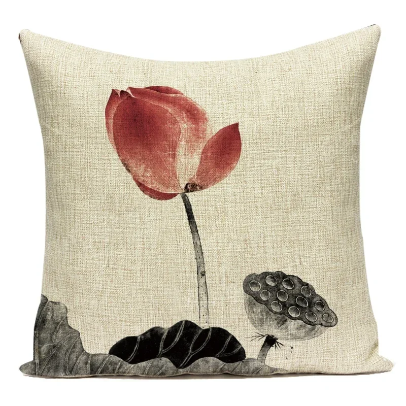 Chinese Style Lotus Ink Painting Cushion Cover Polyester Pillow Cover Office Car Sofa Throw Pillowcase Home Decorative