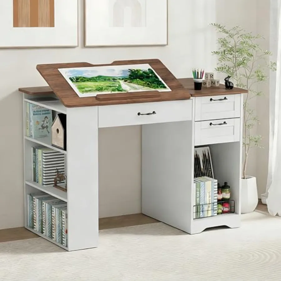 Drafting Table with Storage Cabinet and Drawers Adjustable Drawing Desk with Open Shelves Craft Table Painting Desk for Artists
