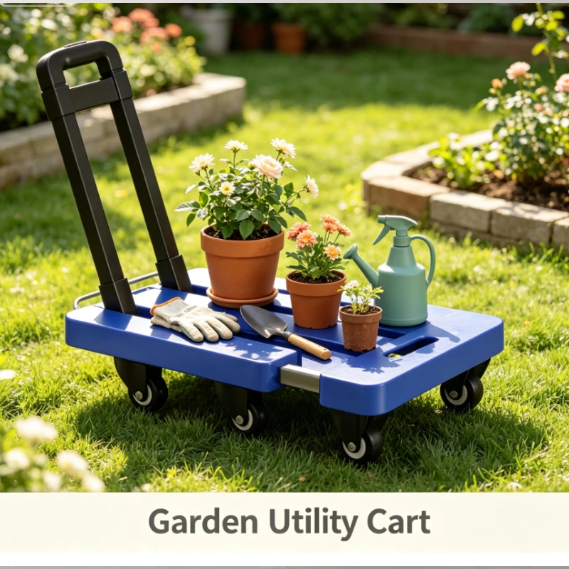 Foldable Platform Trolley With Telescopic Handle And Six Wheels For Warehouse Logistics And Home Moving