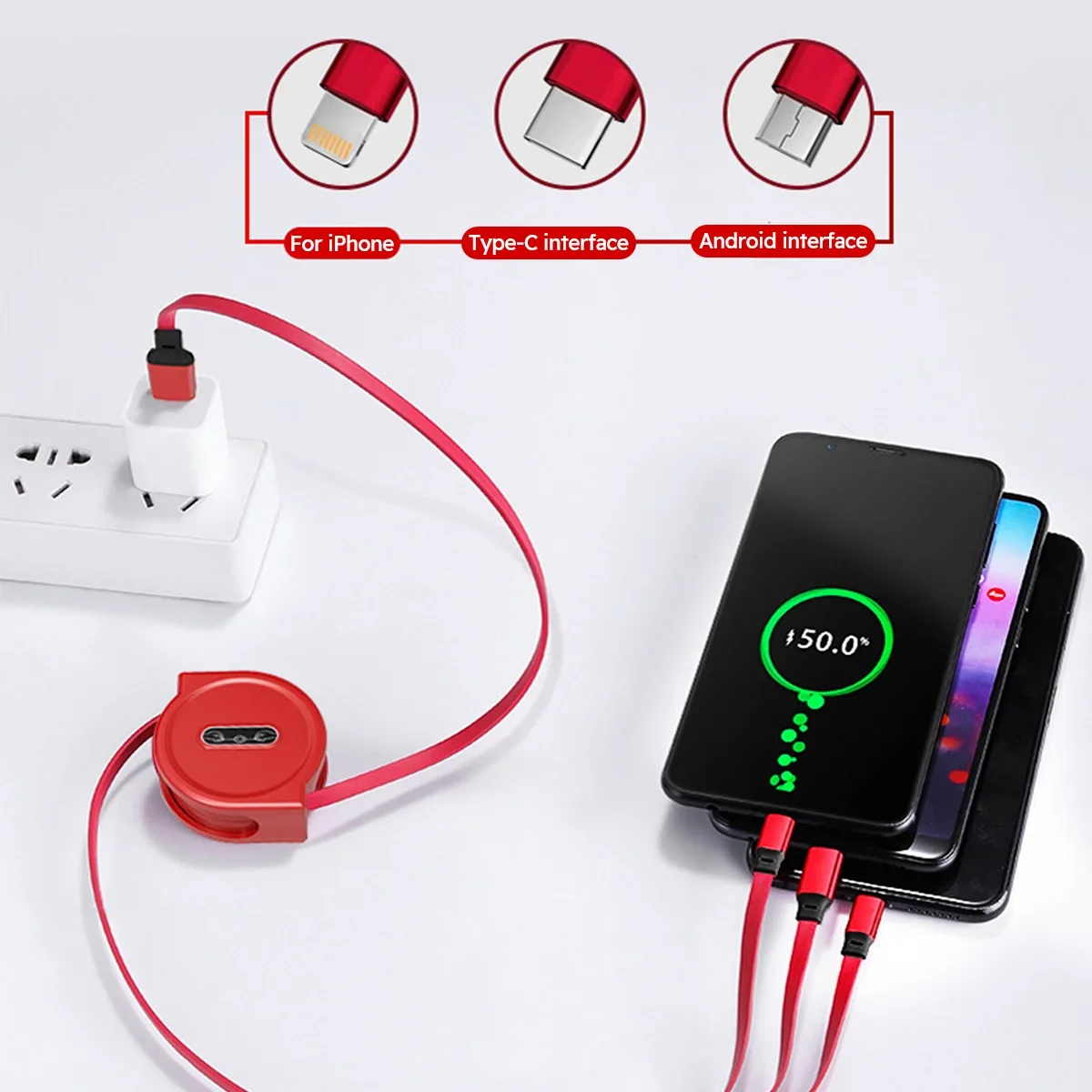 كابل USB 3 في 1 قابل للسحب، سلك بيانات شحن سريع لهاتف آيفون وسامسونج وهواوي وشاومي متعدد المنافذ وسلك شحن متعدد #2