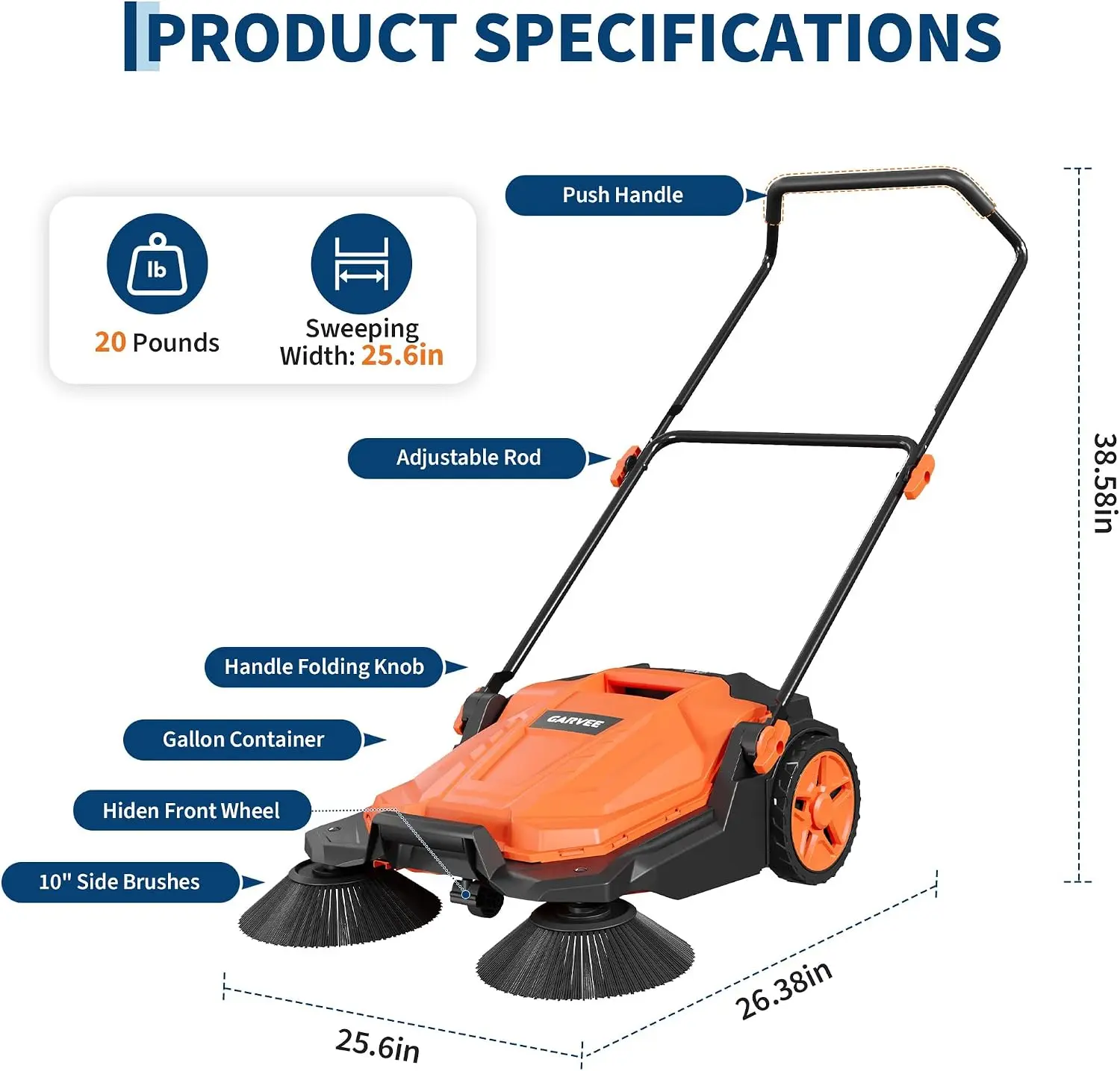 Walk-Behind Floor Sweeper, 25.6 in Sweeping Width, Outdoor Hand Push, 5 Gallon Waste Container, Adjustable Folding Handle for