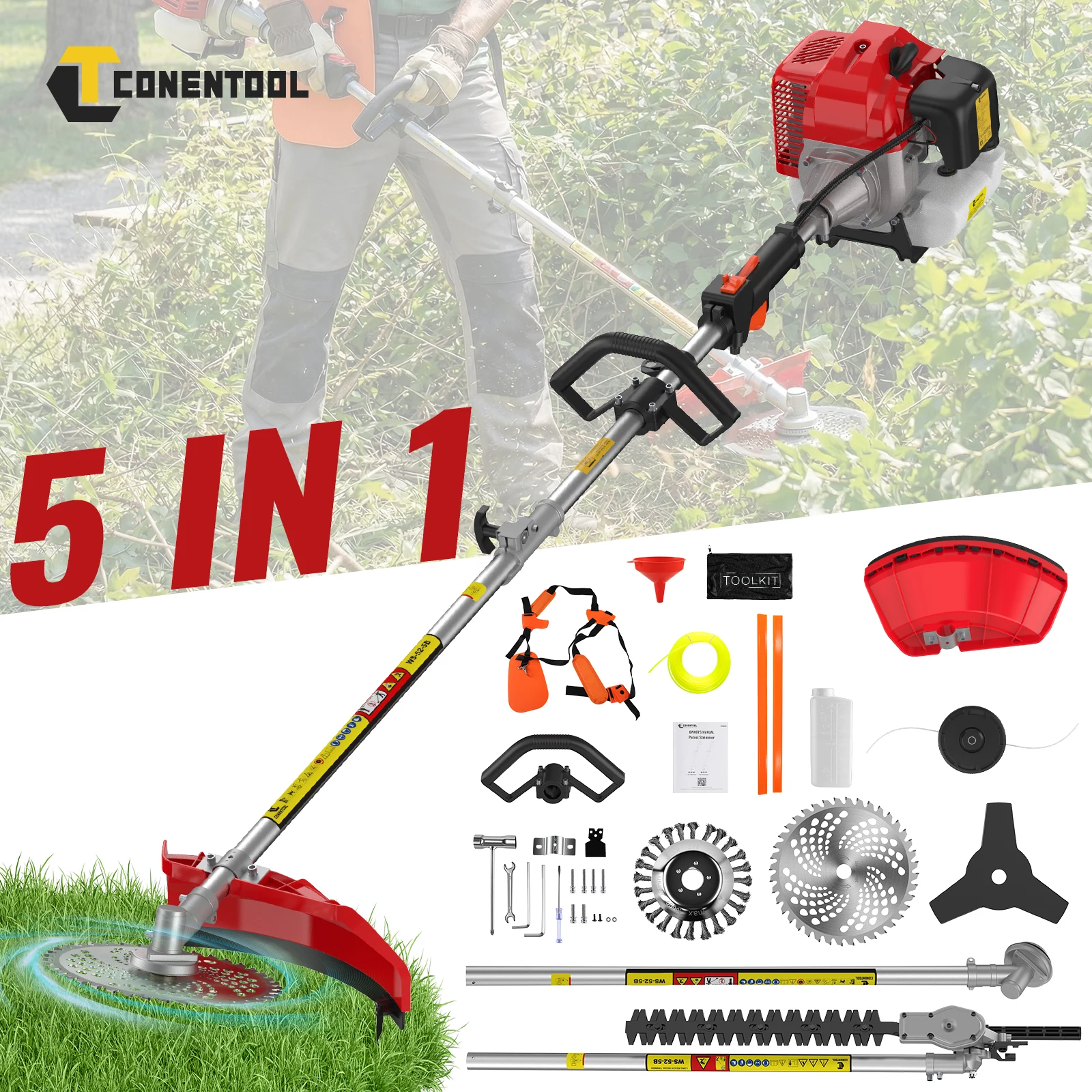 Débroussailleuse à essence CONENTOOL 52cc 5-en-1 2,5KW 11000RPM, coupe-bordures, tondeuse à gazon, taille-haies, outil de jardin multifonction 2 temps
