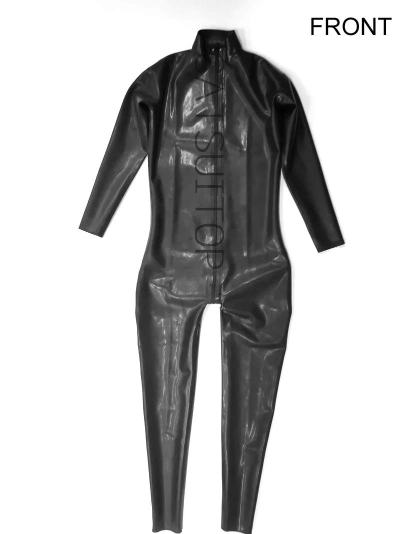 100% natural latex Men 's  fetish handmade catsuit black color for man front zip to ass 3 zippers instock