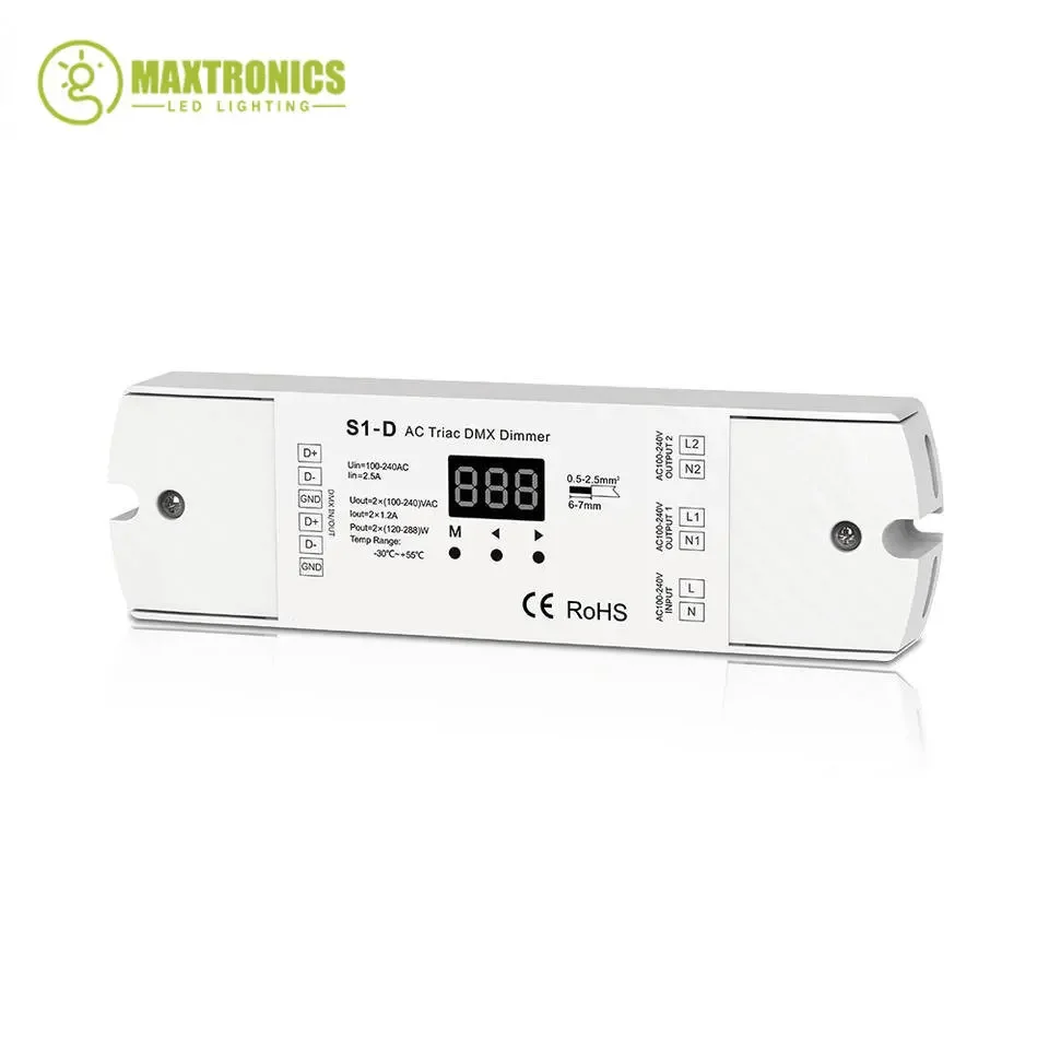 Imagem -02 - Triac Dmx Led Dimmer Canais 2ch ac 100v240v 288w Saída de Canal Duplo Silício Dmx512 Display Digital S1-d