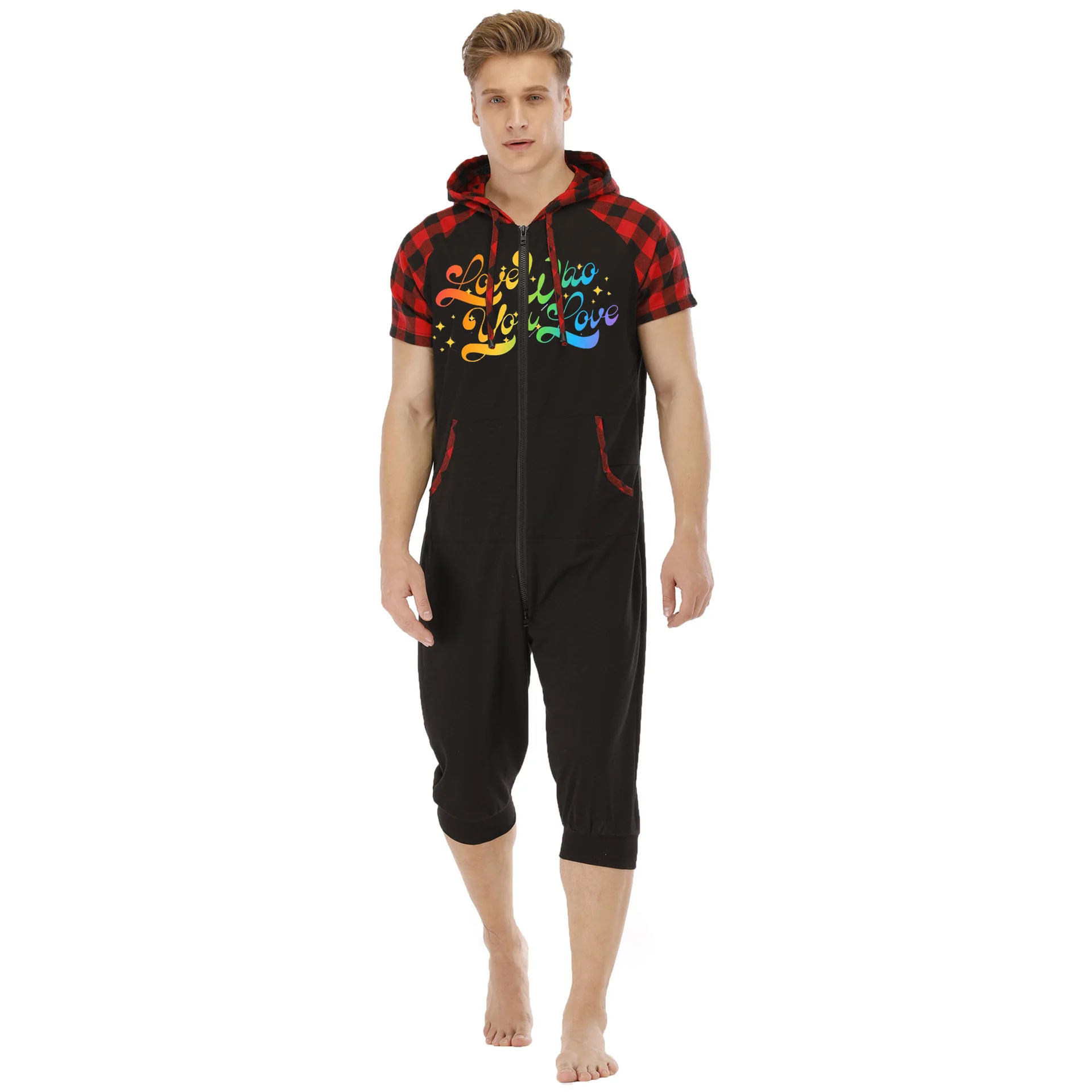 

Summer Black Print Onesies Men Short Sleeve Nightwear Costumes Adults Sleepwear Hooded Pajamas