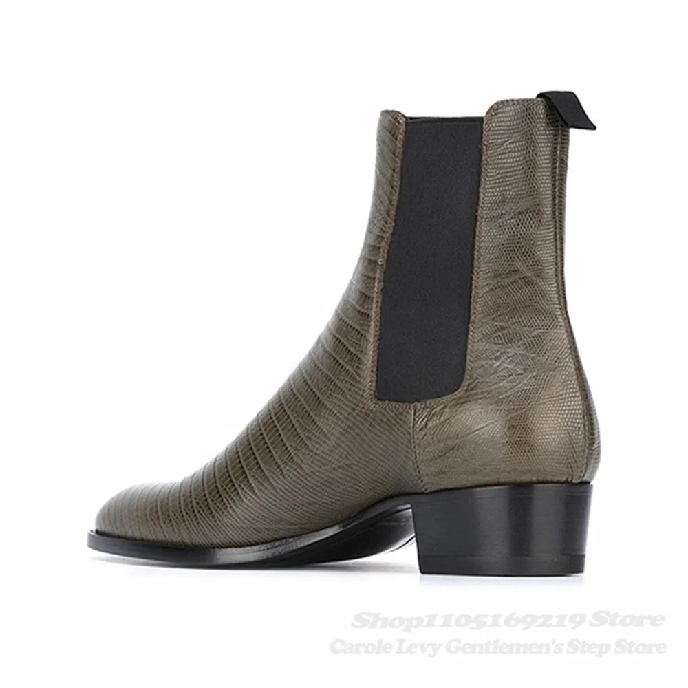 Handmade High Top Pattern Genuine Leather Men Boots Luxury Pointed Toe Slip On Thick Heel Chelsea Boot Banquet Party Boot