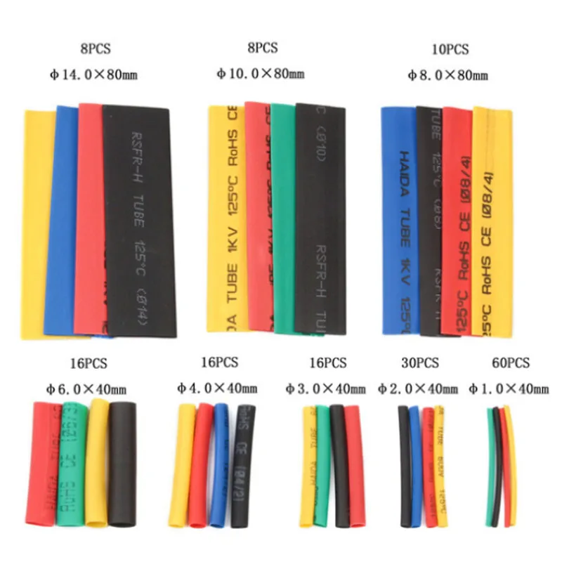 164Pcs/set  Multicolor Assorted Polyolefin Heat Shrink Tubing Tube Cable Sleeves Wrap Wire Set Shrinkage 2:1 Pipe Sleeve 8 Sizes