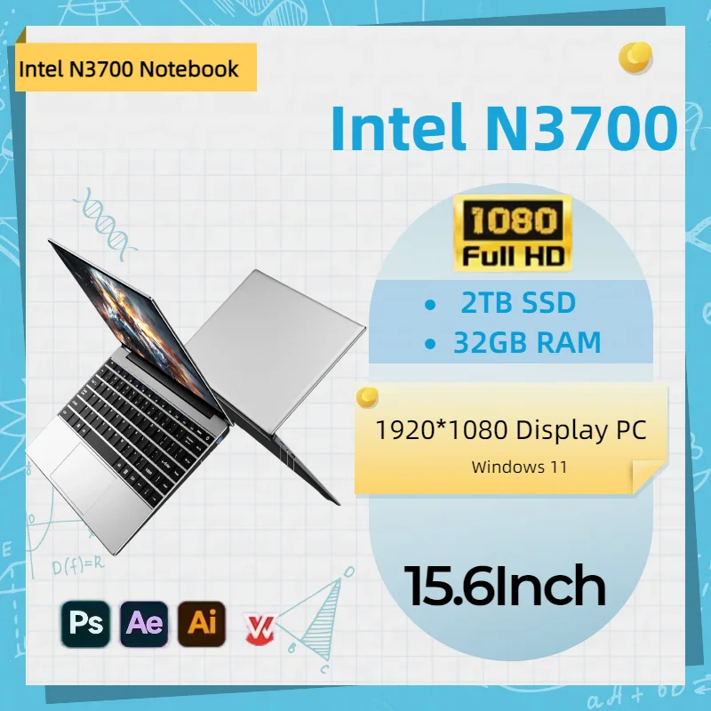 Intel N3700 Notebook Gamer 15.6Inch Ultra Slim Laptop 32GB RAM 2TB SSD 1920*1080 Display PC Windows 11 Office Study Computer
