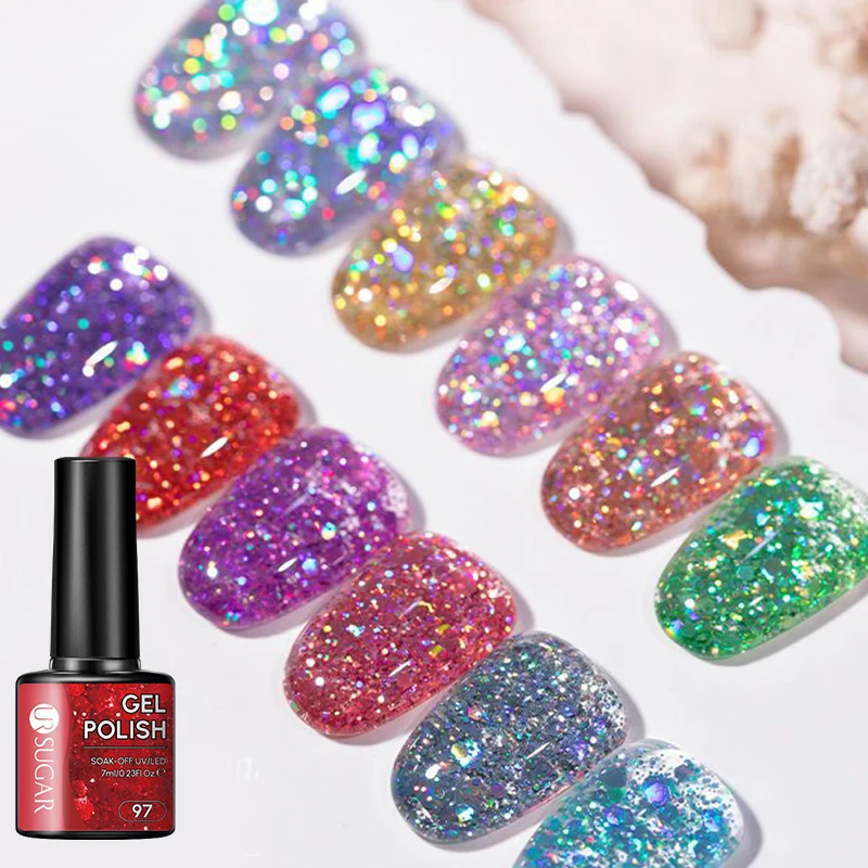UR SUGAR 7ml 글리터 시퀸 젤 네일 폴리쉬 소프트 오프 세미 퍼머넌트 UV LED 네일 아트 젤 바니쉬 매트 탑코트 필요