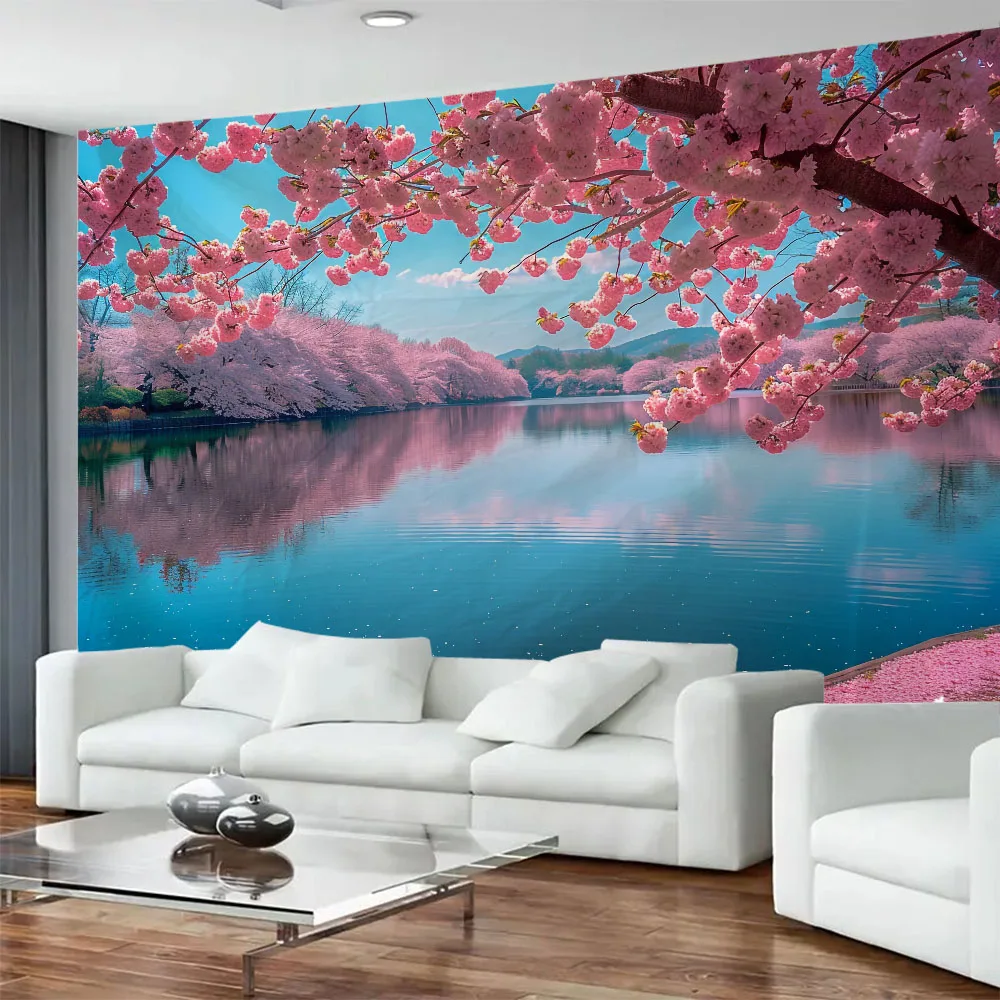 Cherry Blossom Landscape Tapestry Natural Scenery Wall Hanging Home Fabric Decoration Multiple Sizes Available