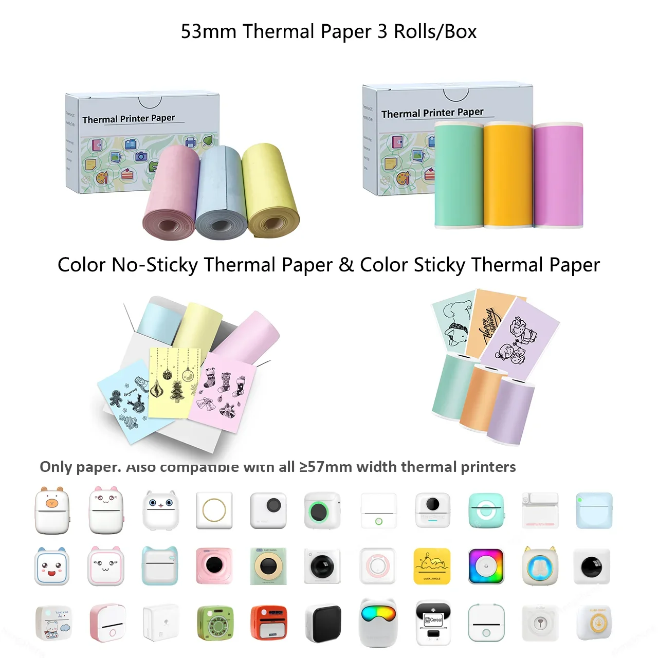 53mm Mini Thermal Printer Stickers Paper, Multicolor Photo Printer Labels Paper, For M02/T02, Kids Instant Camera, To-do Lists