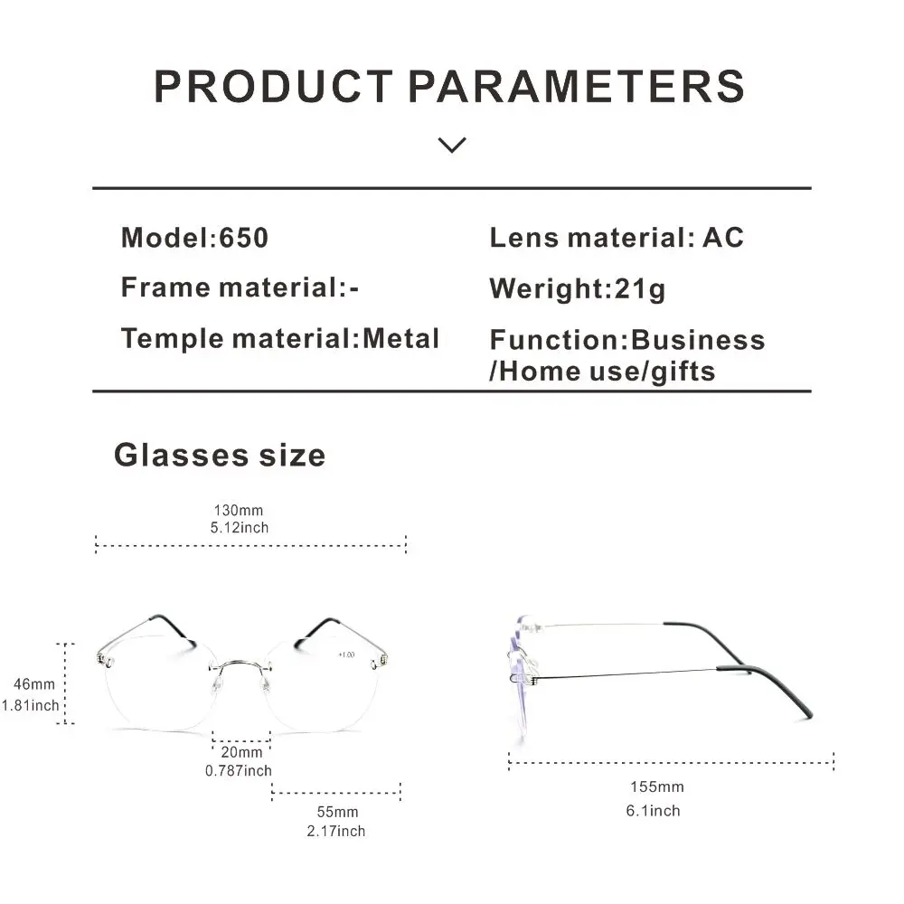Blaulicht-Lesebrille für Damen und Herren, modische Business-Brille, randlos, Metall, extra groß, Silber + 1,5, 2, 2,5, 3, 3,5 – Detail 4