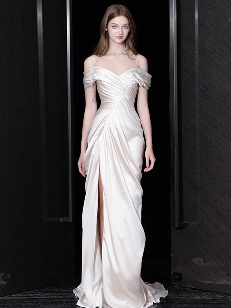 White High Waisted Slimming Strapless Evening Dress Off The Shoulder Birthday Formal Evening Party Gown for Women