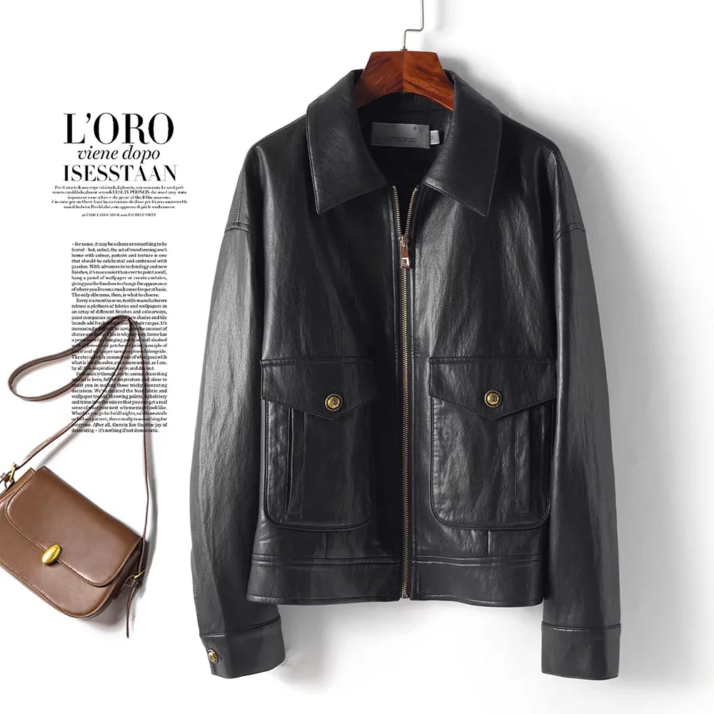 New Women Split Leather Jacket Spring Autumn Fashion Turn-down Collar Long Sleeve Casual Jacket Loose Daily Short Leather Coat view 5