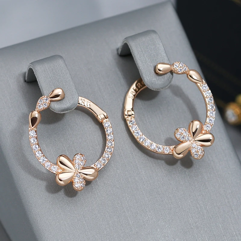 Wbmqda Unique Crystal Flower Women\'s Drop Earrings 585 Rose Gold Color With White Natural Zircon Girls Christmas Jewelry Gifts