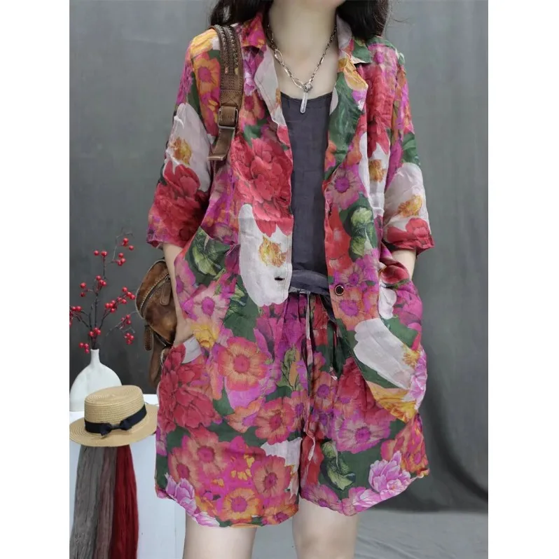 Ele Lightweight Hemp Print Vintage Loose Women's Suit Set Faionable Drifting Sle Cotton Fabric Summer Collection