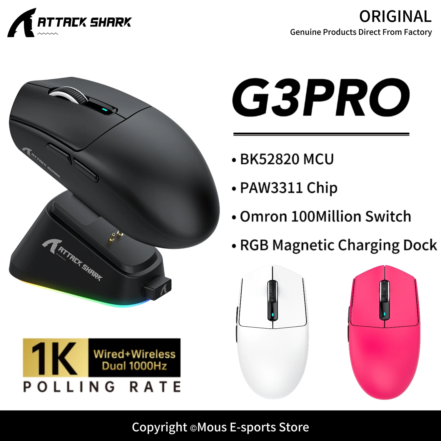 G3PRO ATTACK SHARK Lightweight Gaming Mouse RGB Magnetic Charging Dock BK52820 MCU and 1000Hz Polling Rate for Wireless Mouse