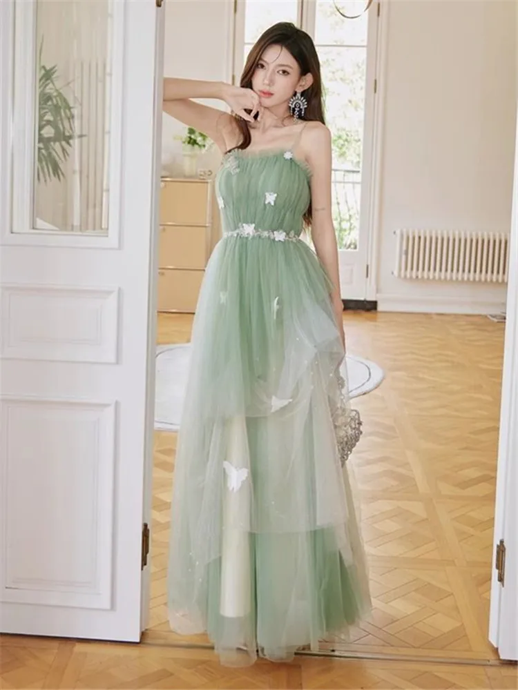 Dress Green Bow Patchwork Halter Long Skirt Temperament Evening Gown Women Clothing M027