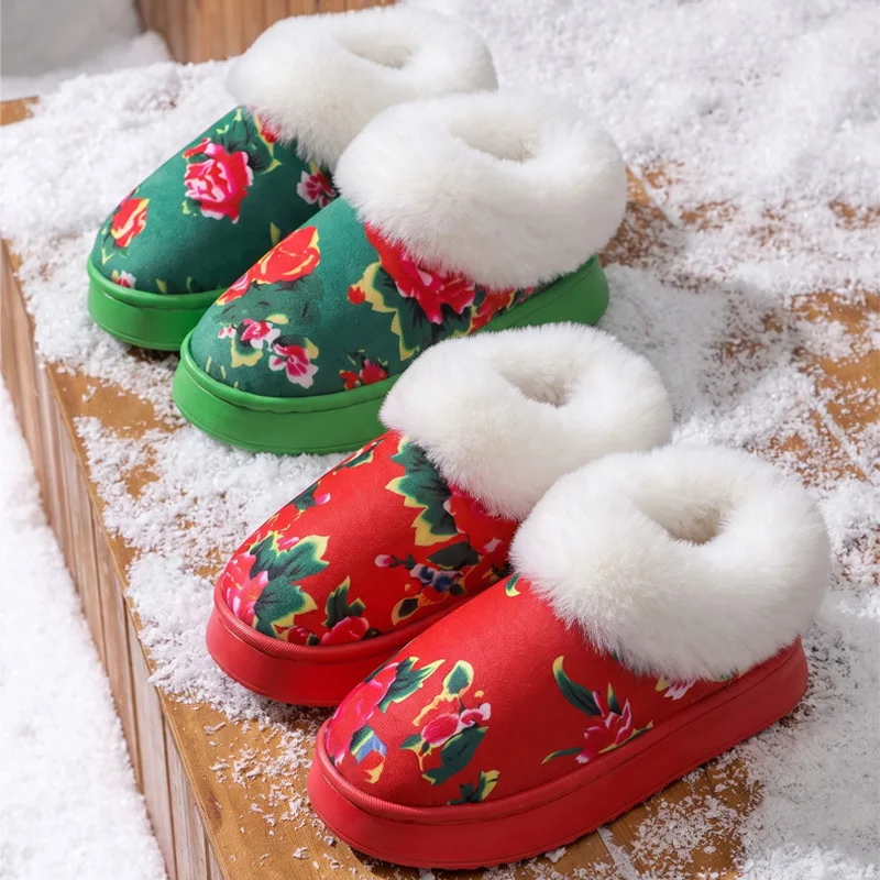 Chinese Floral Cotton Slippers Winter Warm Non Slip Fleece Lined Thick Sole Indoor Outdoor Red Cotton Shoes Household Goods